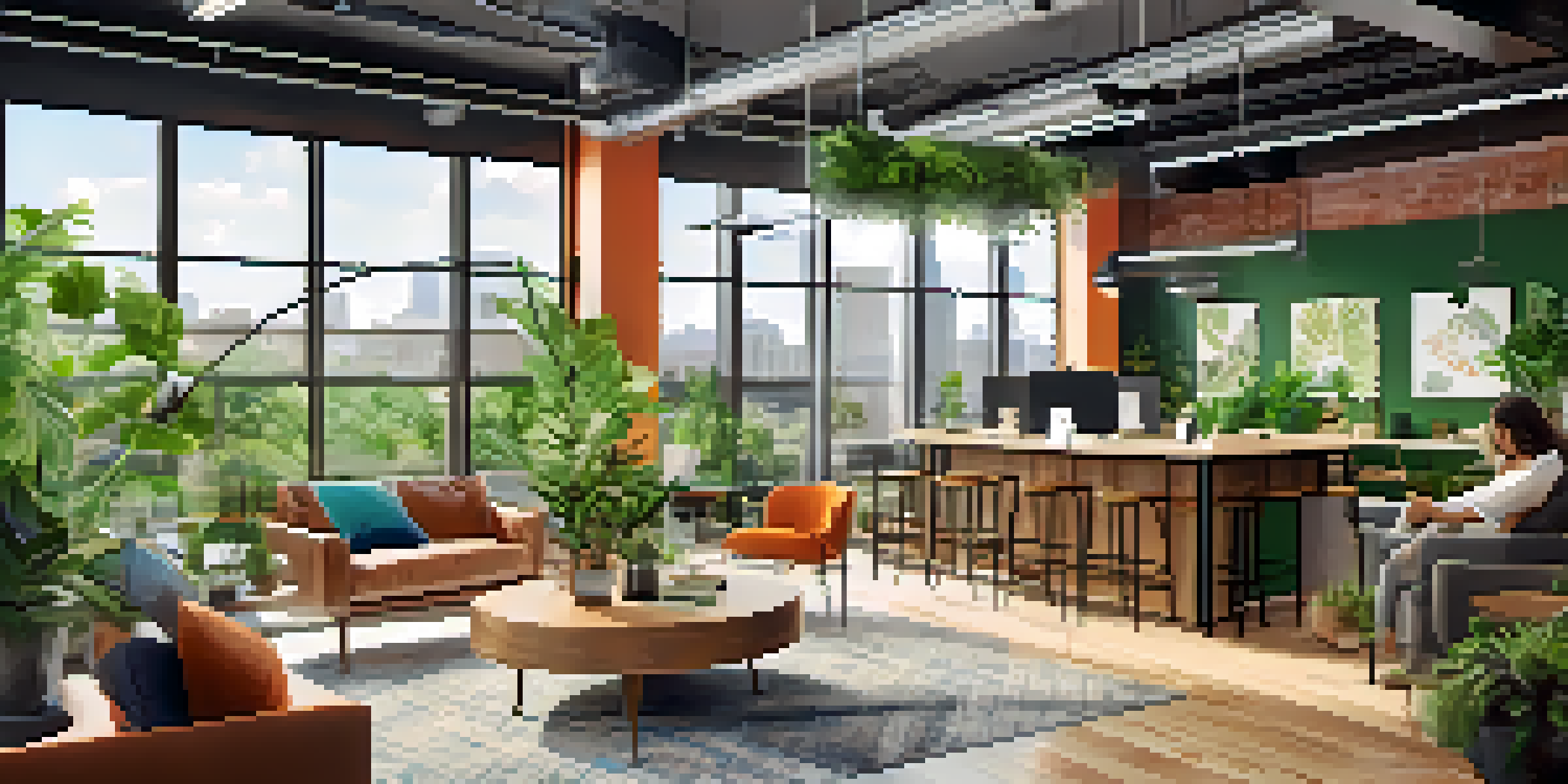 A bright and modern co-working space in Austin with natural light, greenery, and diverse individuals collaborating.