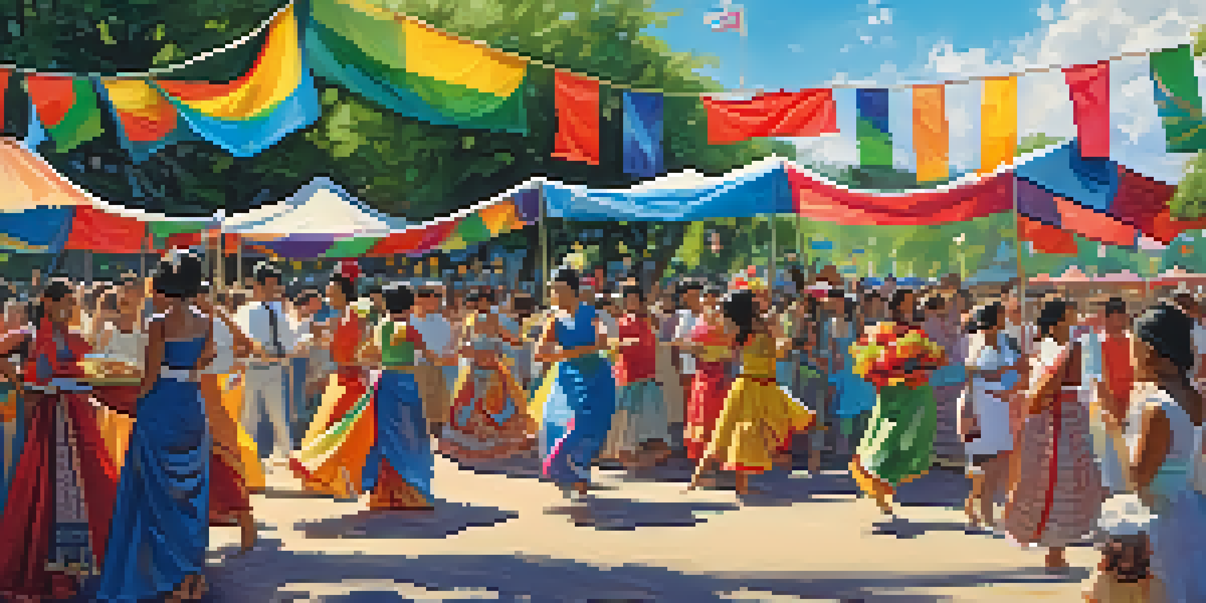 A lively outdoor festival in Austin with a diverse crowd, colorful banners, food stalls, and performers dancing on stage.