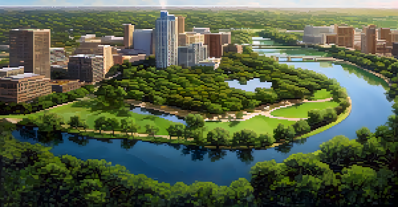 An aerial view of a green park in Austin with trees, a pond, and the city skyline in the distance.