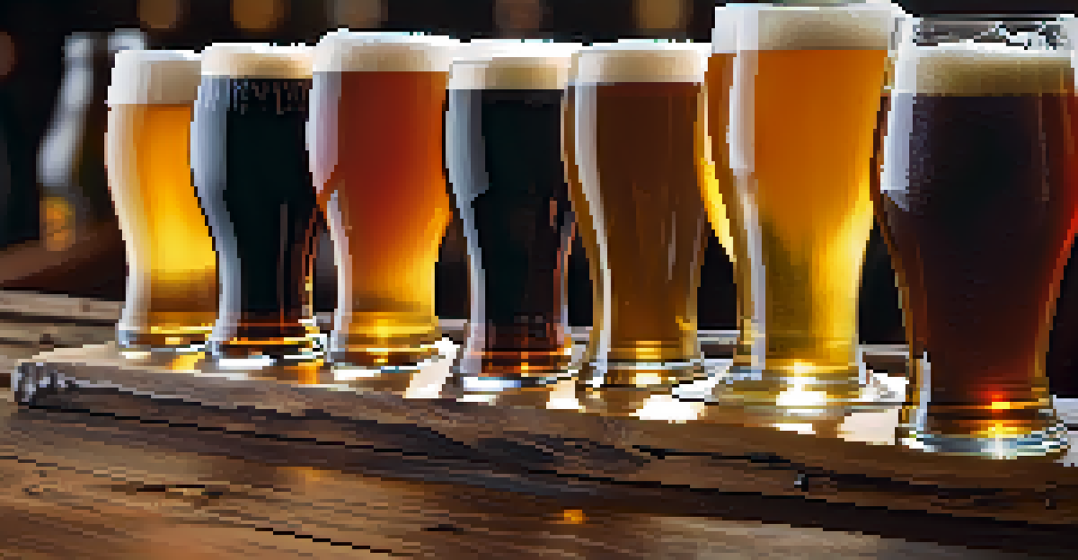 A close-up view of a tasting flight of craft beers with different colors on a rustic wooden table, with blurred attendees in the background.