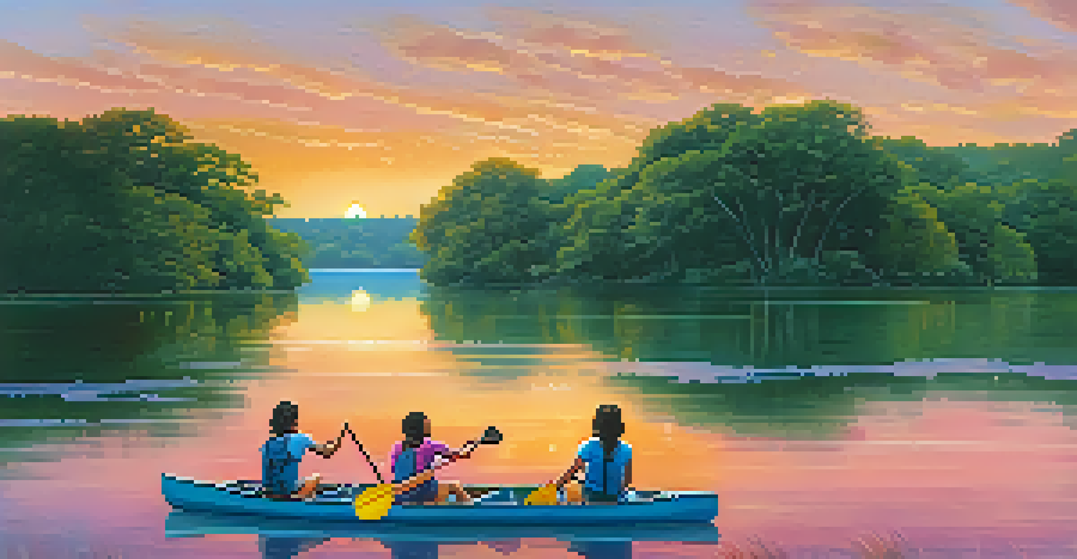 Children canoeing on a lake at sunset, with a colorful sky reflecting on the water.