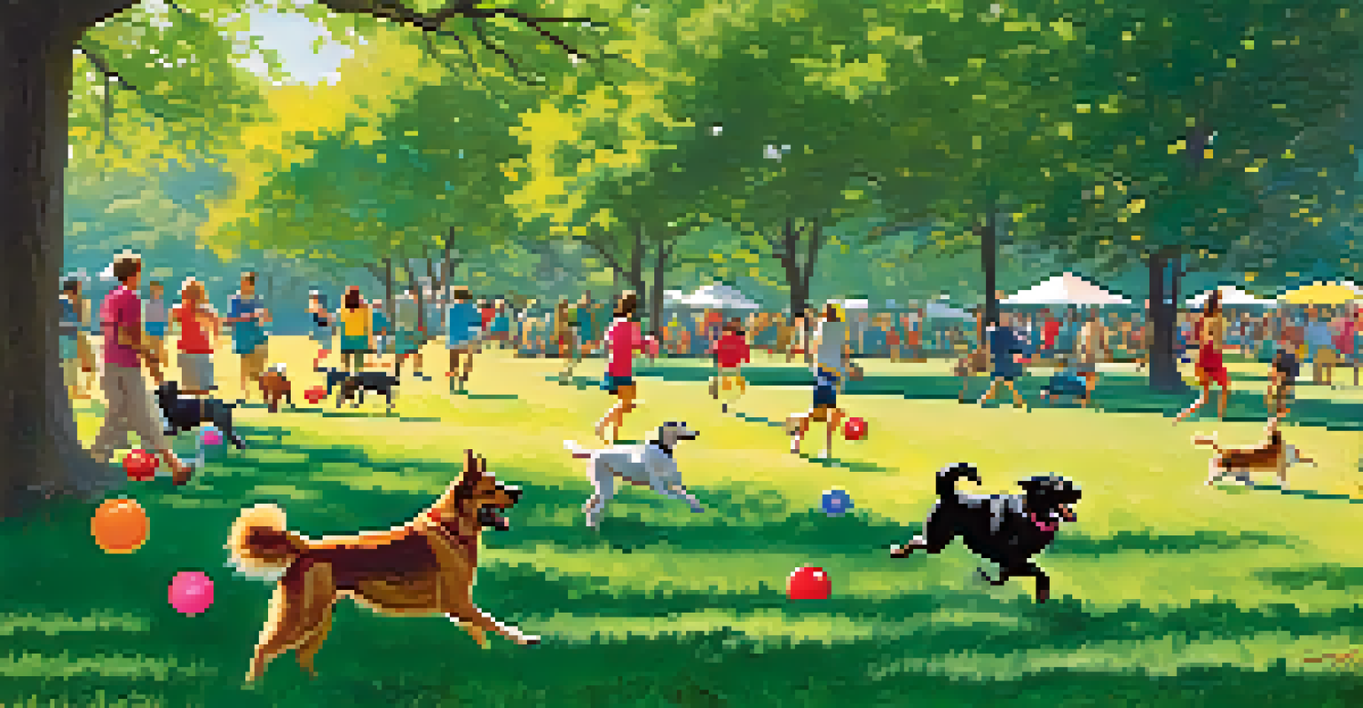 Dogs playing fetch in a sunny park setting, with owners enjoying the day in the background.