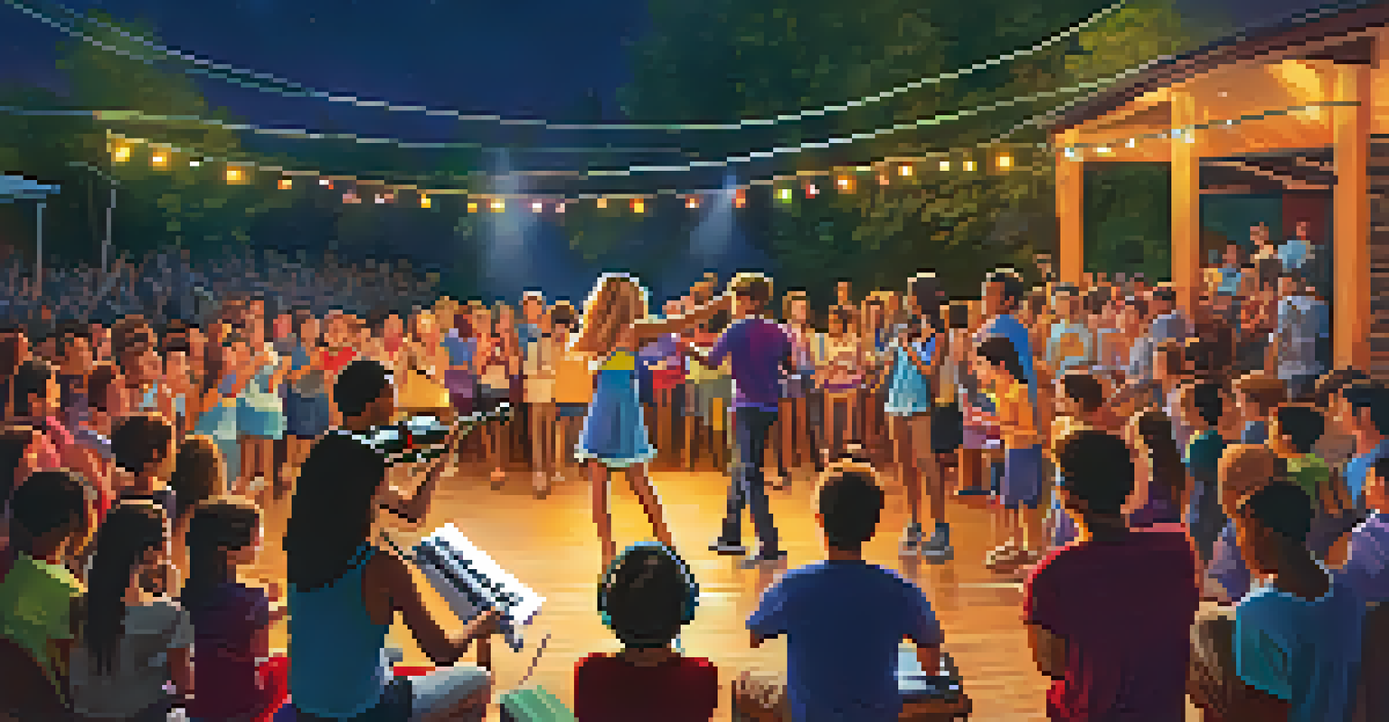 Young musicians performing on stage at a music camp, with colorful lights and an excited audience cheering in the background, showcasing a lively atmosphere.