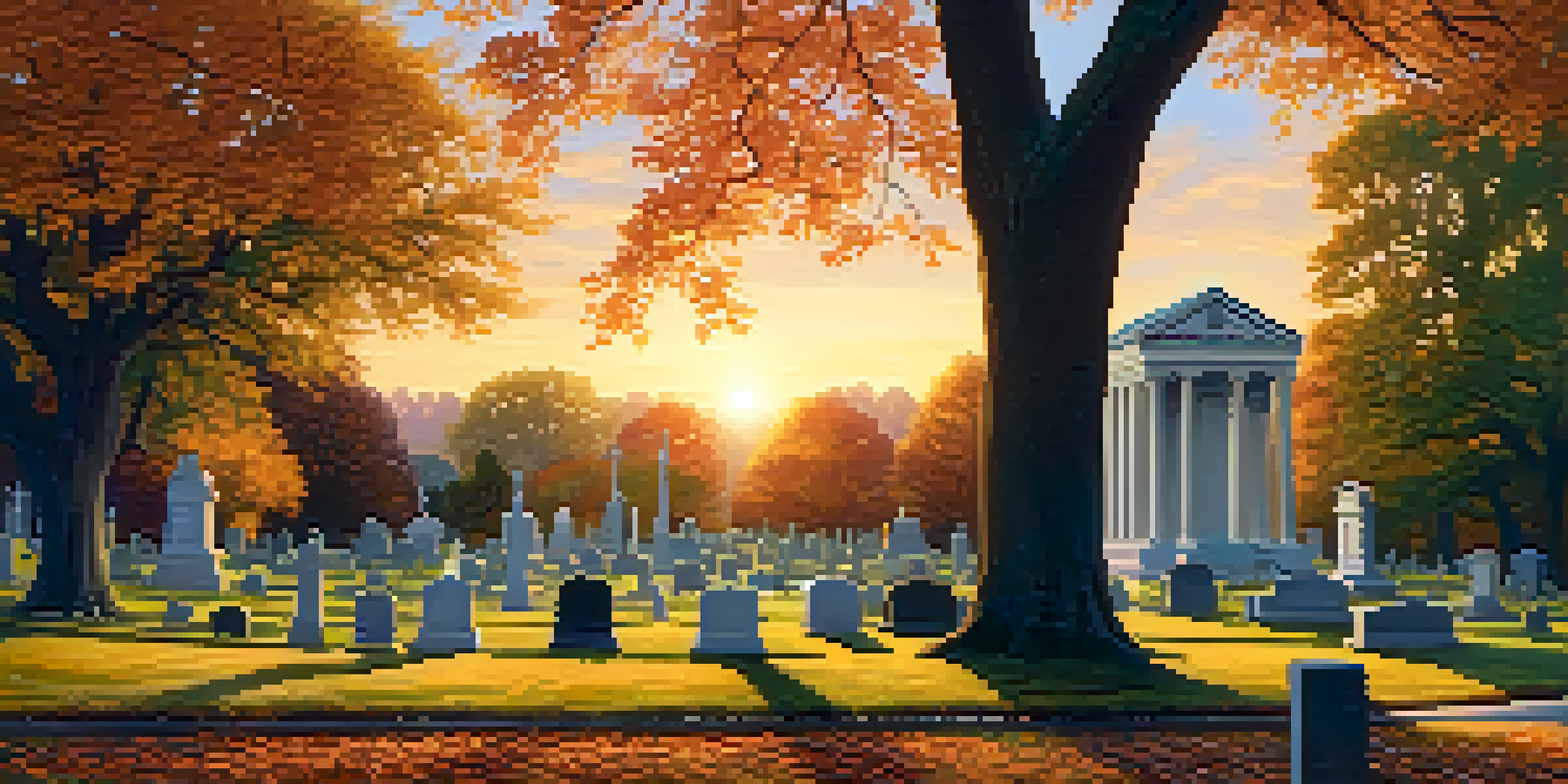 A beautiful sunset view of Oakwood Cemetery, showcasing winding paths, tall trees, and ornate headstones illuminated by golden light.