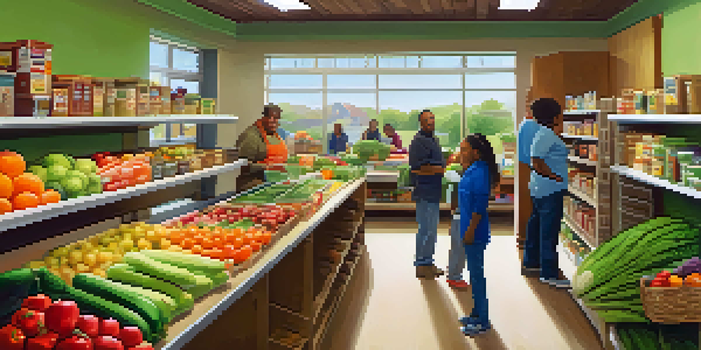 A community food pantry where families are receiving fresh fruits and vegetables from friendly volunteers, with a bright and welcoming interior.