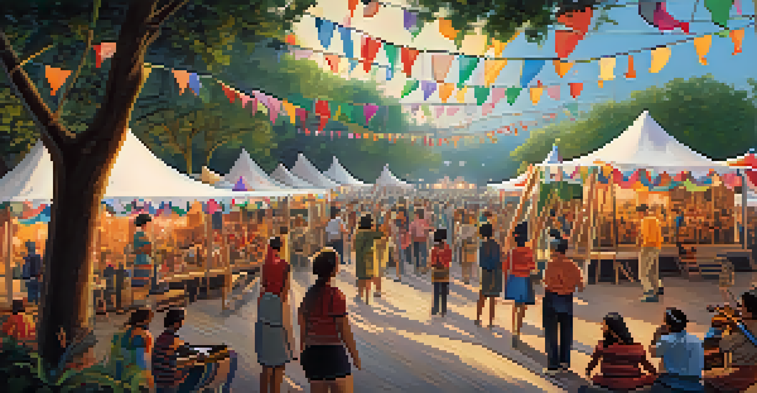 A vibrant cultural festival with art tents, performers, and people participating in workshops under festive lights in a green park.