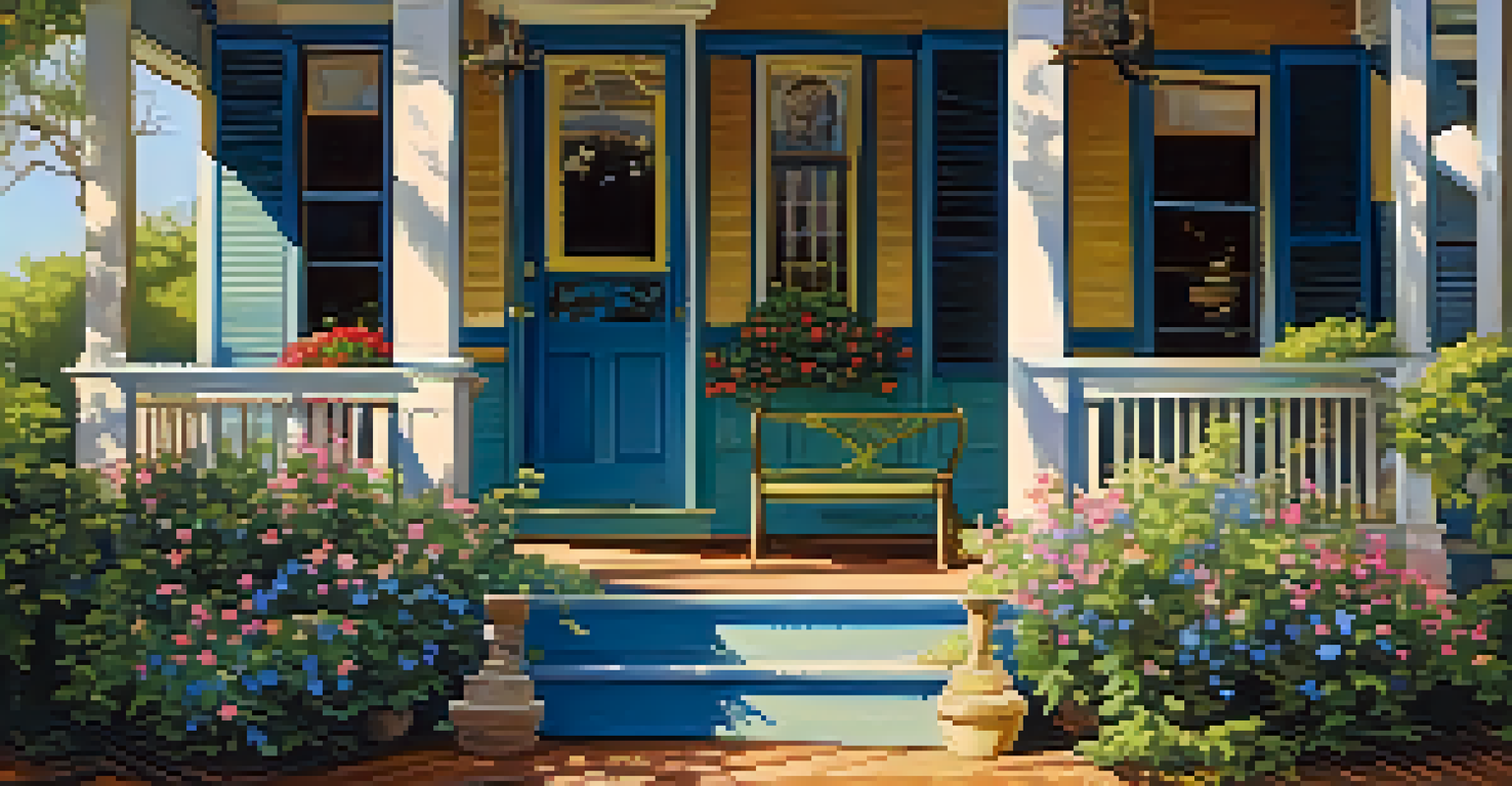 A charming Victorian porch with decorative details and blooming flowers, illuminated by soft sunlight.