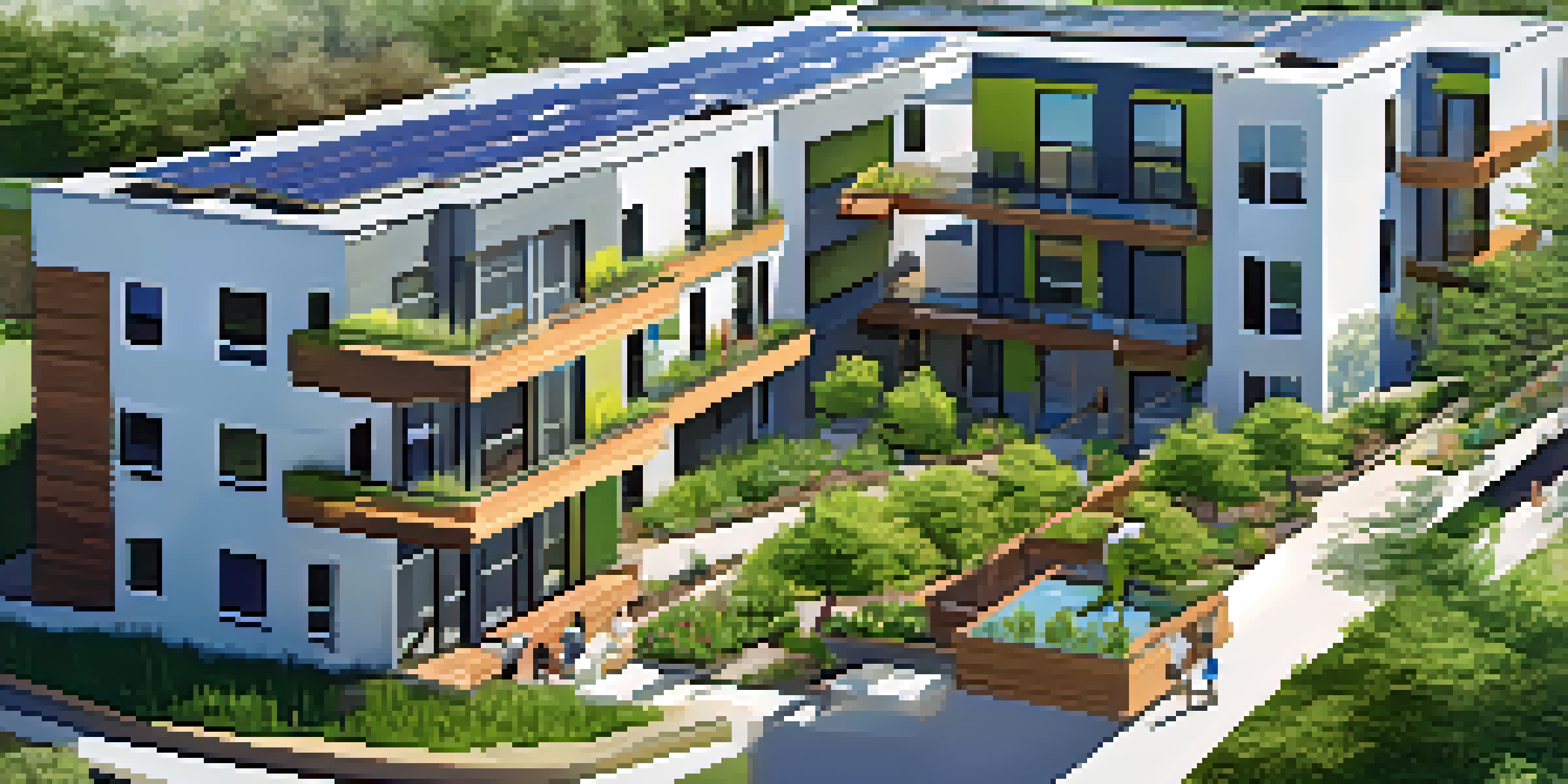 A modern multi-family housing complex in Austin with solar panels and rooftop gardens, featuring residents in outdoor spaces under clear blue skies.