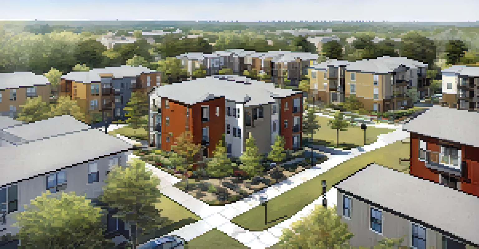 Aerial view of a mixed-income housing community in Austin, showcasing parks and families enjoying the outdoors.