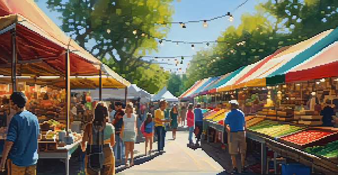 A lively artisan market with colorful stalls, vendors, and customers under a sunny sky.