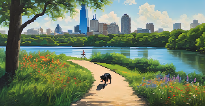 A sunny day at Lady Bird Lake, with a trail surrounded by trees and a dog running beside its owner, downtown Austin visible in the background.