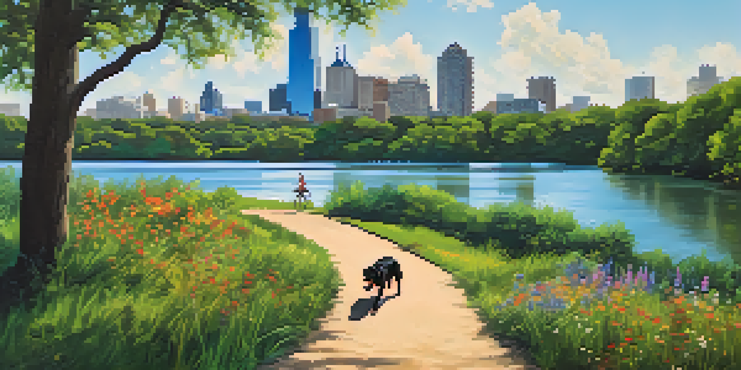 A sunny day at Lady Bird Lake, with a trail surrounded by trees and a dog running beside its owner, downtown Austin visible in the background.