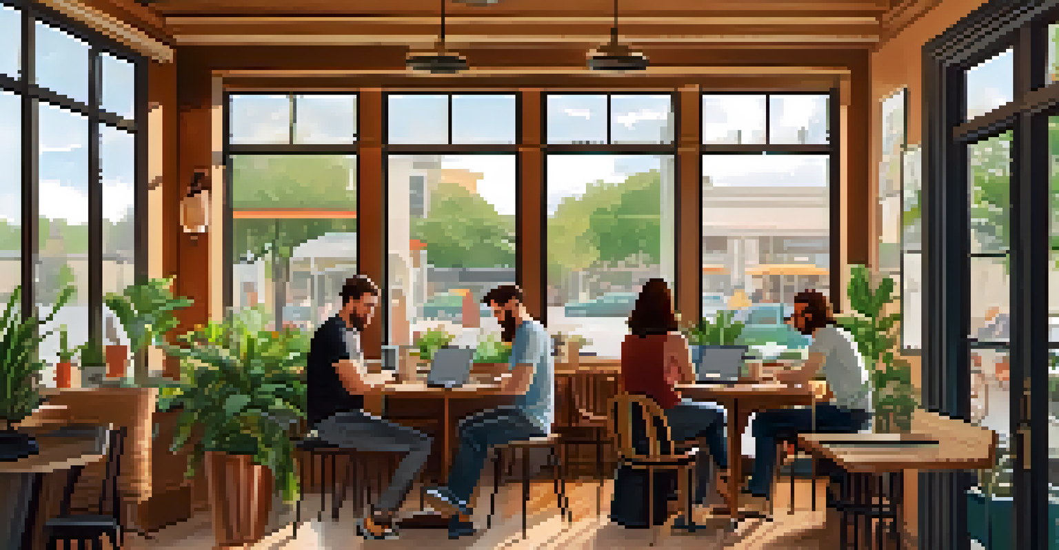 A cozy interior of a coffee shop in Austin with digital nomads networking and working on laptops, featuring wooden furniture and natural light.