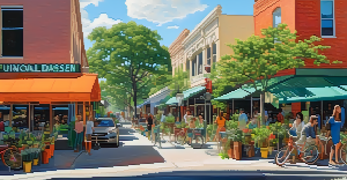 A vibrant street in Austin filled with eco-friendly startup storefronts, people walking, and bicycles, under bright sunlight.
