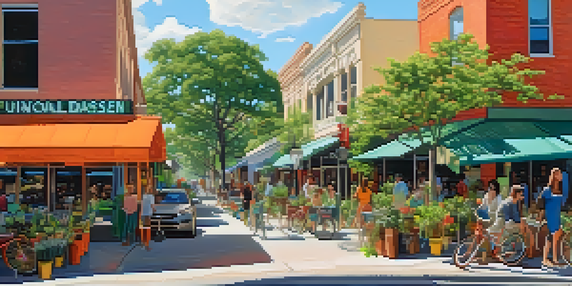 A vibrant street in Austin filled with eco-friendly startup storefronts, people walking, and bicycles, under bright sunlight.