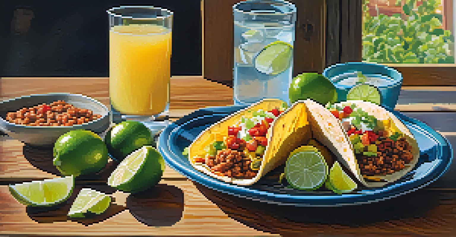 A rustic table with a display of breakfast tacos filled with eggs and chorizo, accompanied by a glass of lime margarita, all bathed in soft morning light.