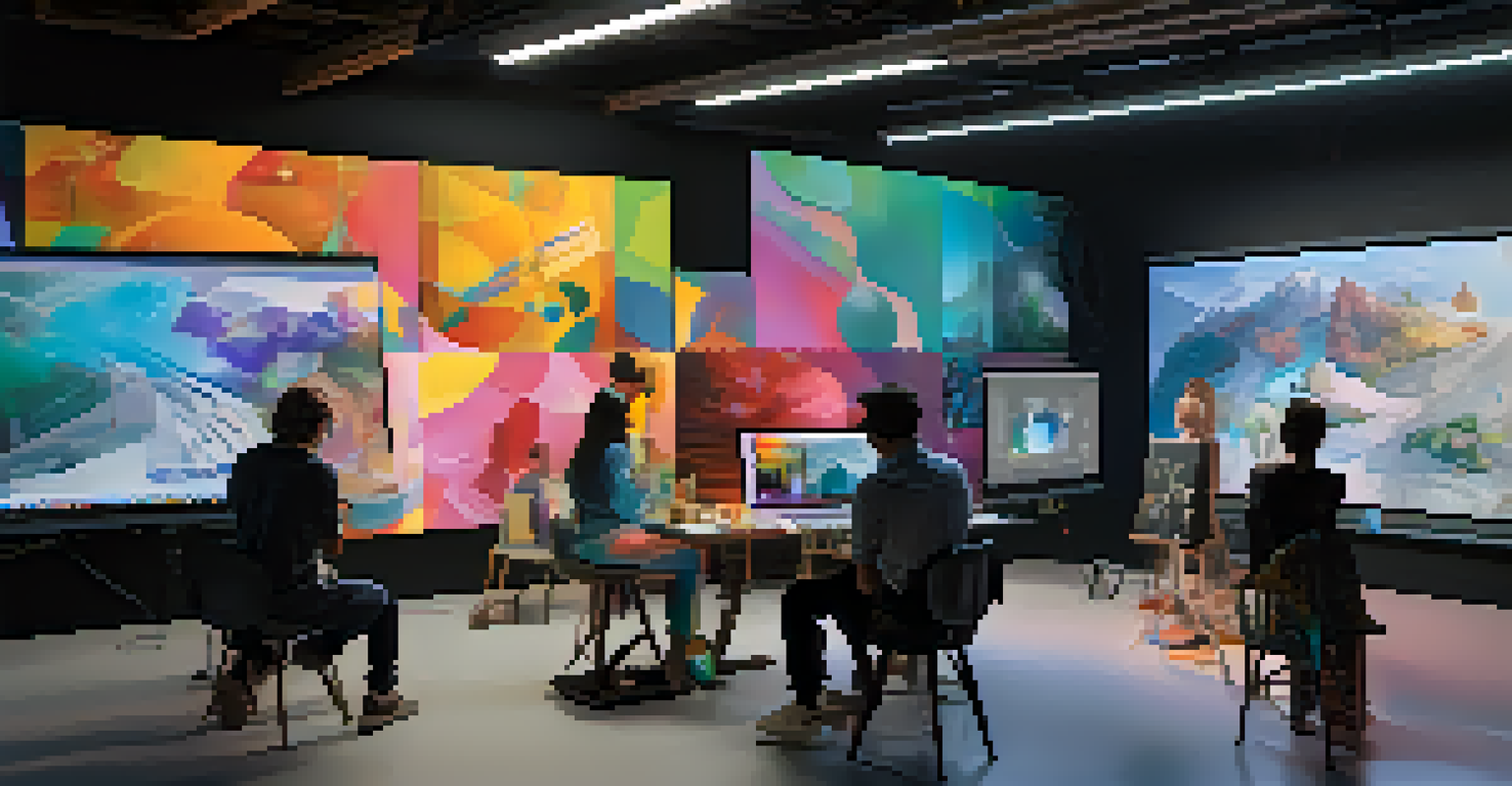 Artists collaborating in a virtual space, each working on digital canvases and sharing ideas through screens, enhanced by augmented reality elements.