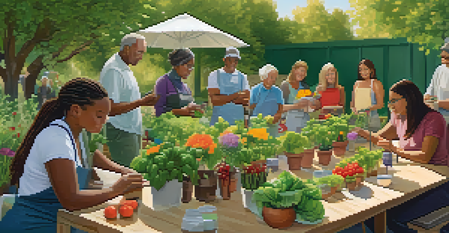A community garden workshop with diverse participants learning about planting seeds, surrounded by fresh produce and vibrant greenery.