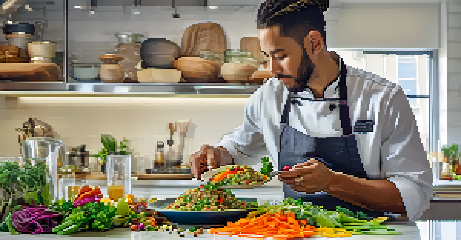 A chef plating a colorful vegan quinoa salad in a modern kitchen.