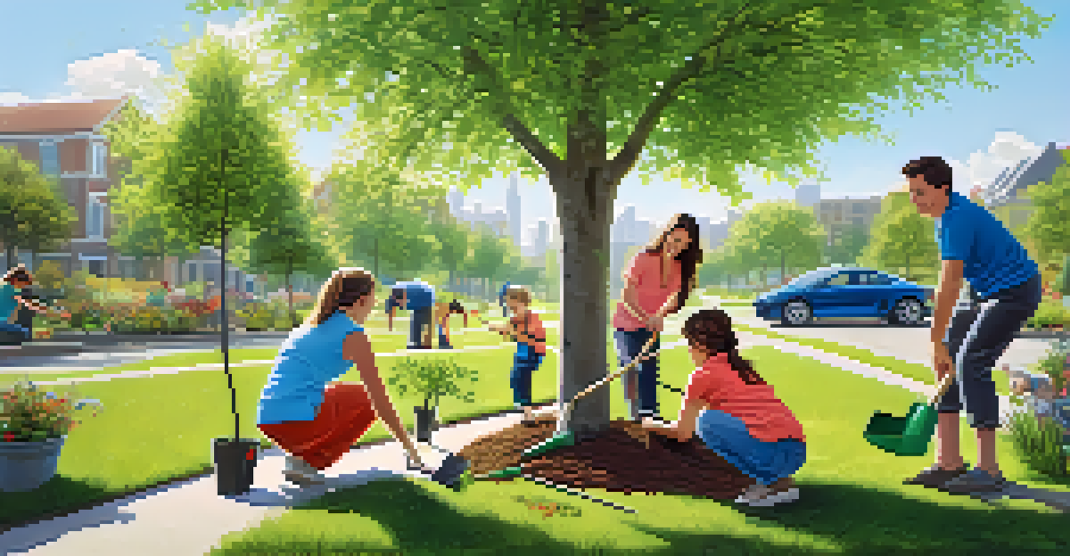 A family planting a young tree together in a park, enjoying a sunny day.