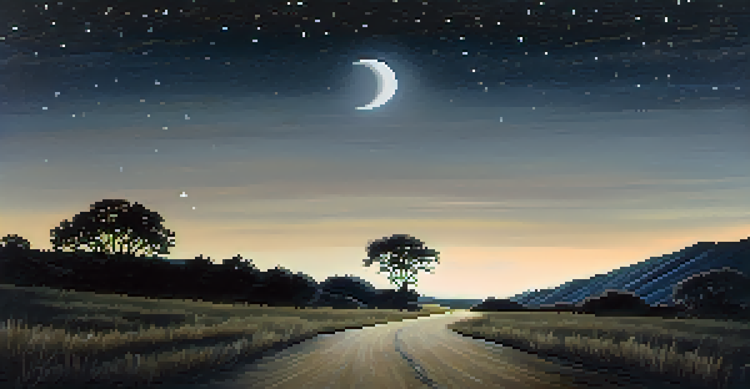 A nighttime Texas Hill Country scene with a ghostly figure walking along a lonely road under a starry sky.