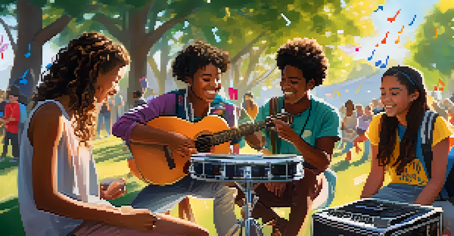 Students collaborating on a music project outdoors at a festival, surrounded by instruments and colorful decorations.
