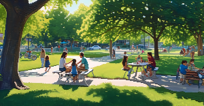 A lively park scene with families enjoying a picnic, children playing, and neighbors socializing under trees, all amidst lush greenery.