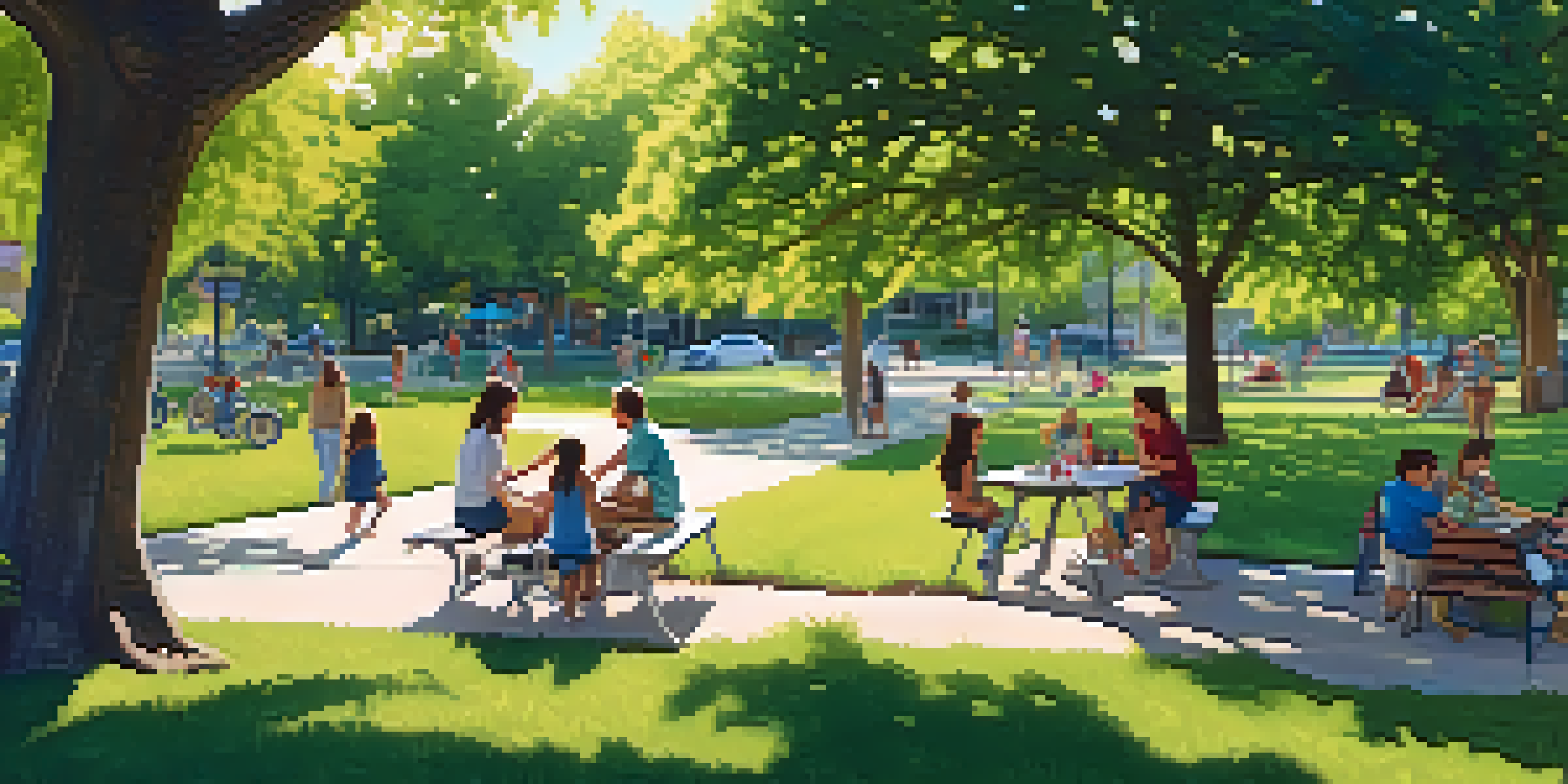 A lively park scene with families enjoying a picnic, children playing, and neighbors socializing under trees, all amidst lush greenery.
