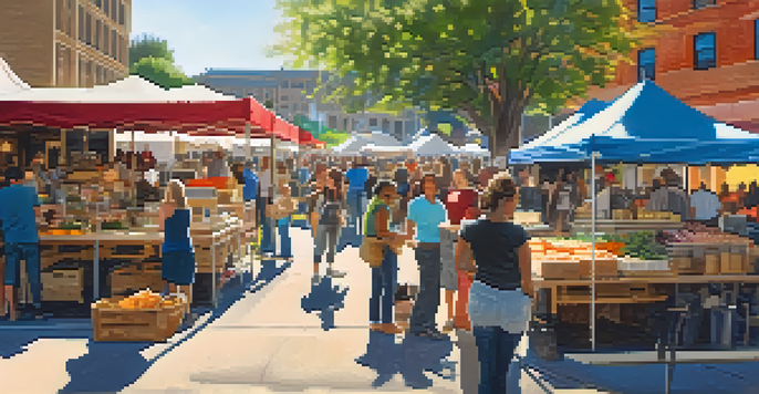 A lively artisan market in Austin with colorful stalls, vendors, and shoppers enjoying handmade crafts and fresh produce under bright sunlight.