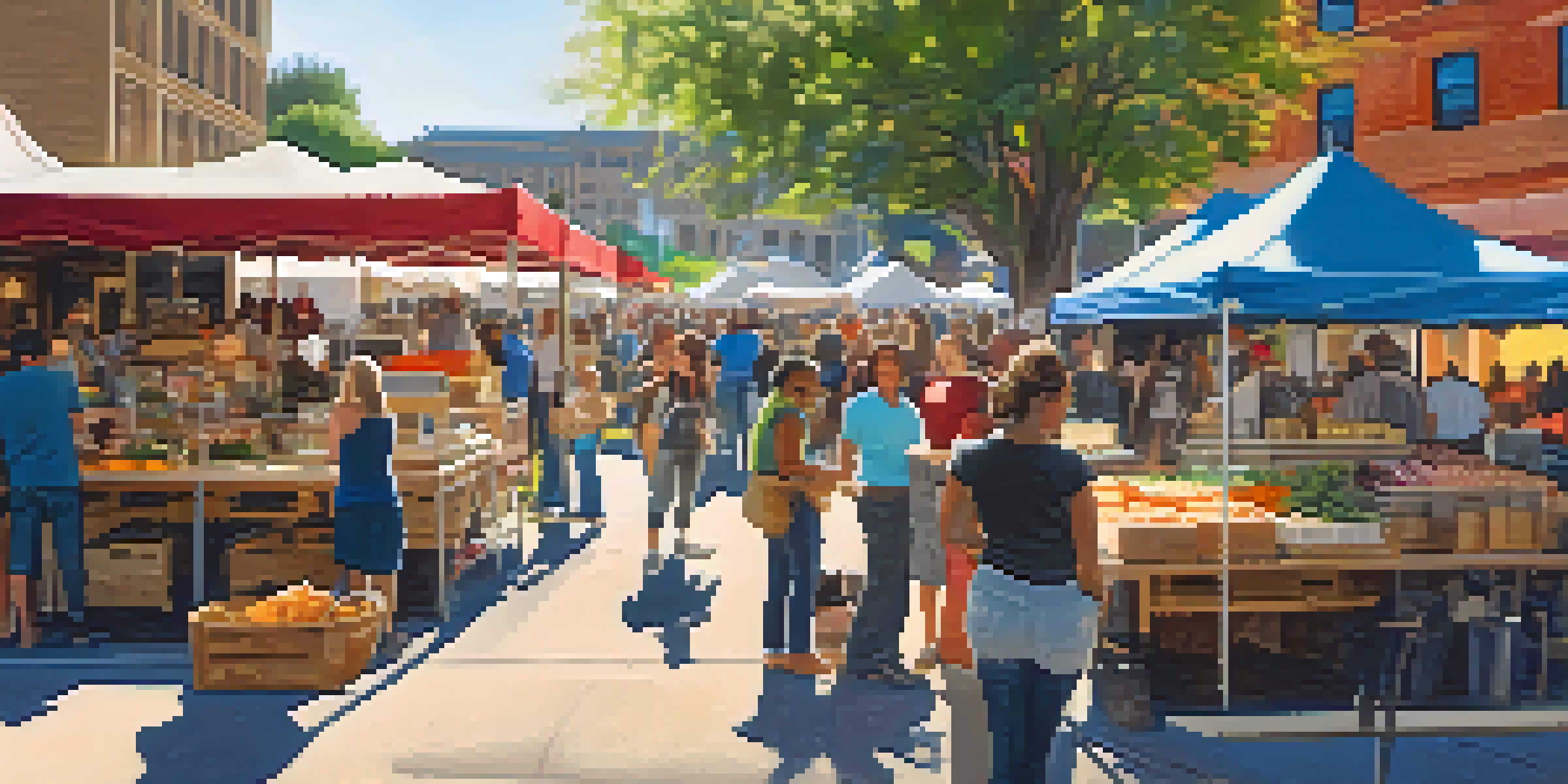 A lively artisan market in Austin with colorful stalls, vendors, and shoppers enjoying handmade crafts and fresh produce under bright sunlight.