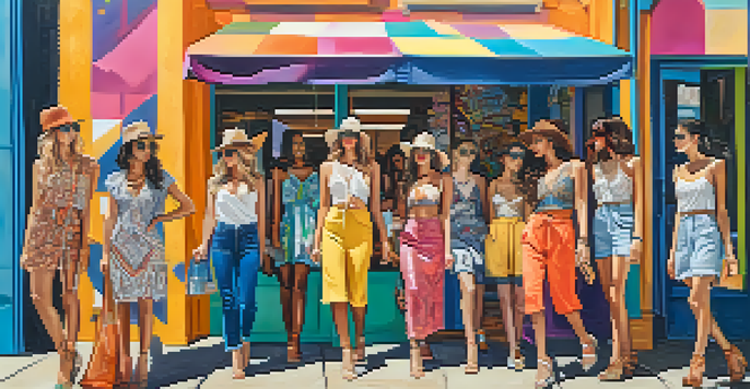 A group of diverse models wearing vibrant, vintage-inspired outfits in a lively Austin street scene with colorful murals.