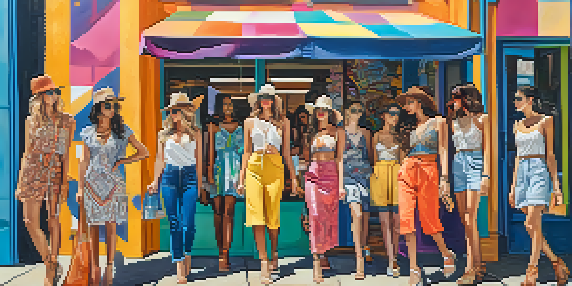 A group of diverse models wearing vibrant, vintage-inspired outfits in a lively Austin street scene with colorful murals.