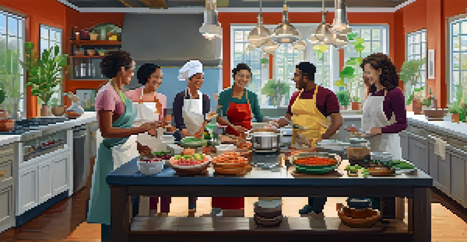 A diverse group in a cooking class, sharing culinary traditions with colorful ingredients.