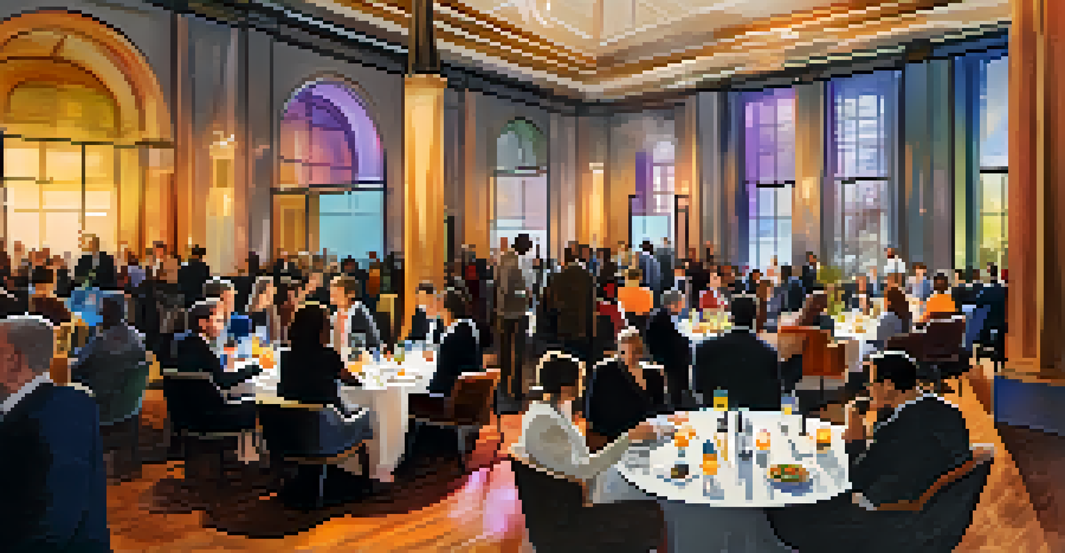 A networking event with professionals mingling, featuring colorful drinks and appetizers in a stylish venue.