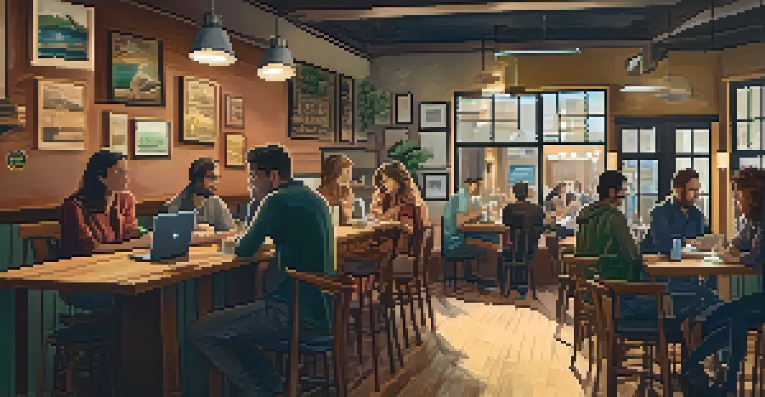 A warm and inviting coffee shop in Austin with digital nomads working and socializing at wooden tables.