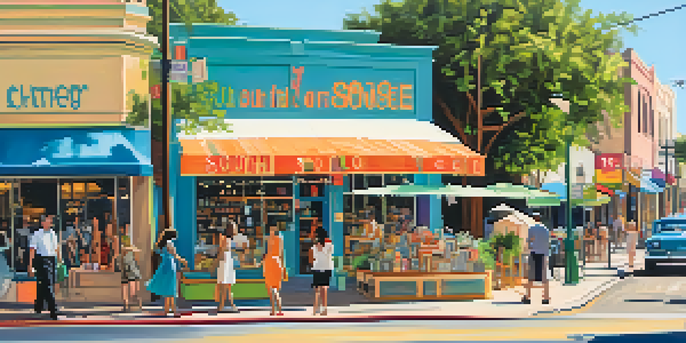 A lively street scene on South Congress Avenue in Austin with colorful boutiques and people shopping.