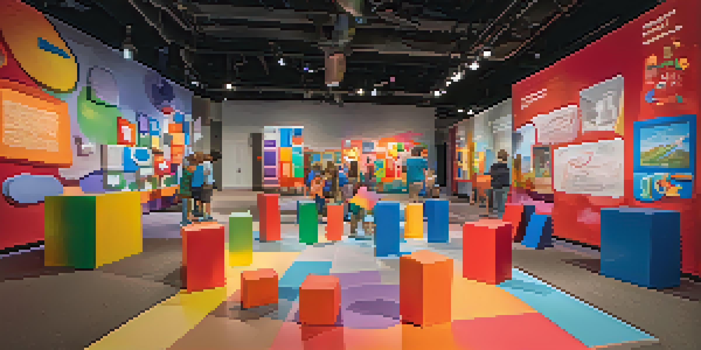 Children playing and learning in an interactive science exhibit with colorful foam blocks and educational displays.