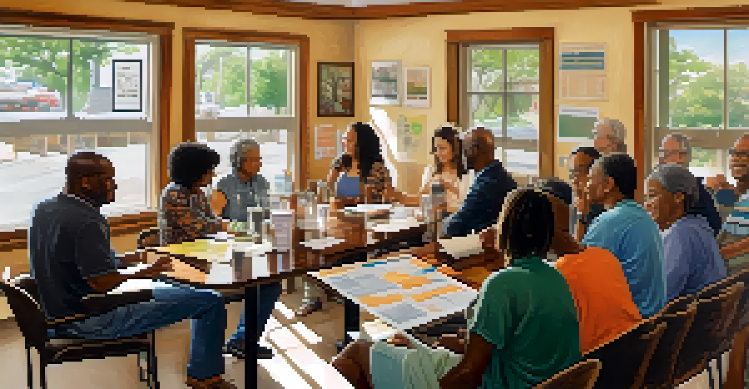 A diverse group of residents in Austin participating in a community meeting, discussing local issues with charts and flyers around them.
