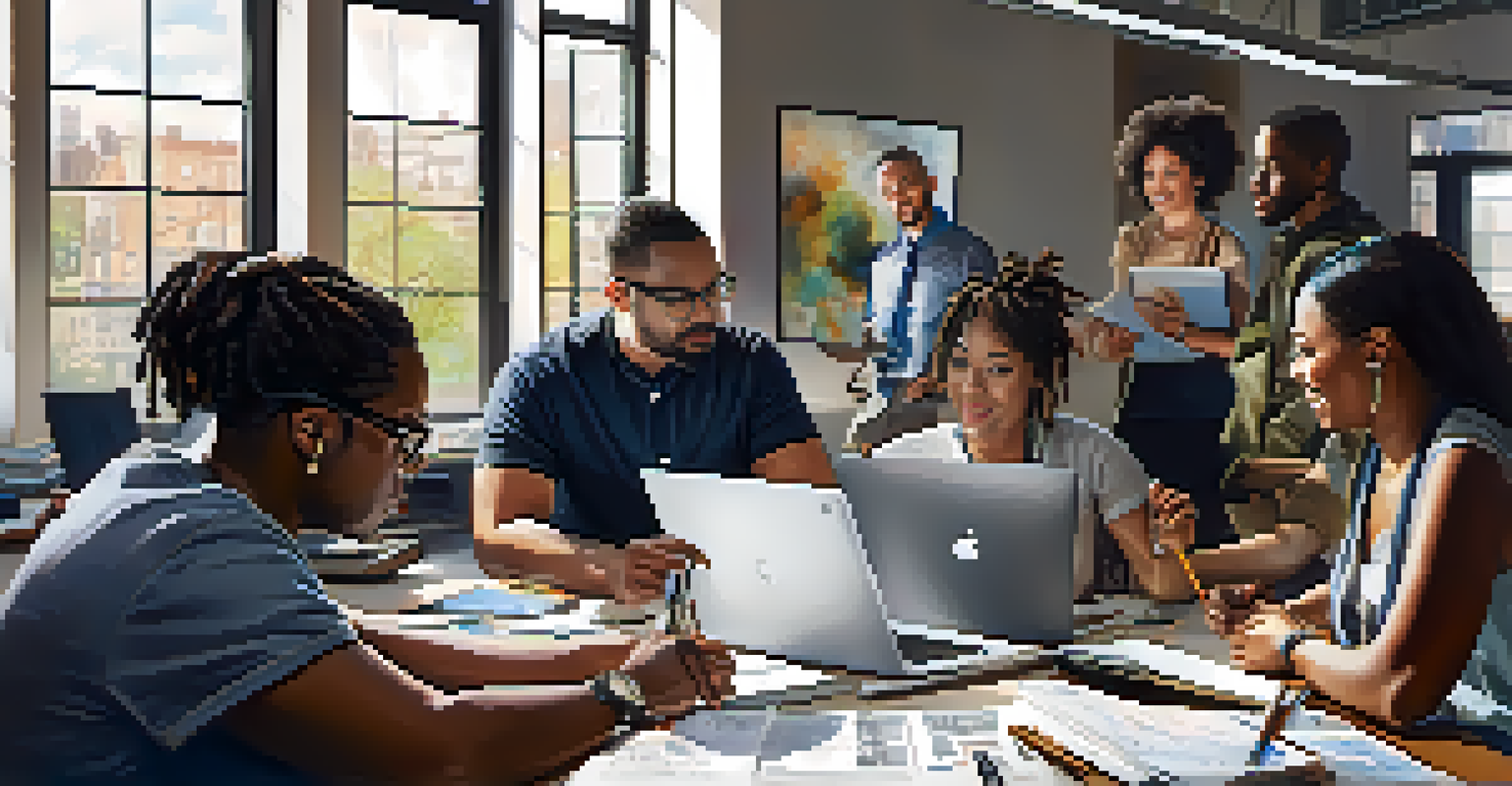 A close-up of a diverse group of tech professionals engaged in a workshop, with a presenter at a laptop and participants taking notes, surrounded by tech gadgets.