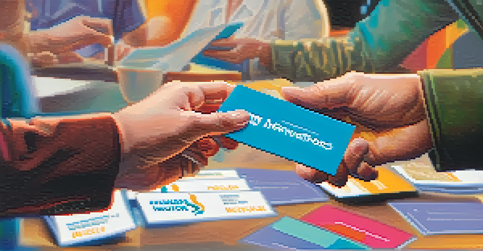 A close-up of hands exchanging business cards at a networking event, with a colorful background.