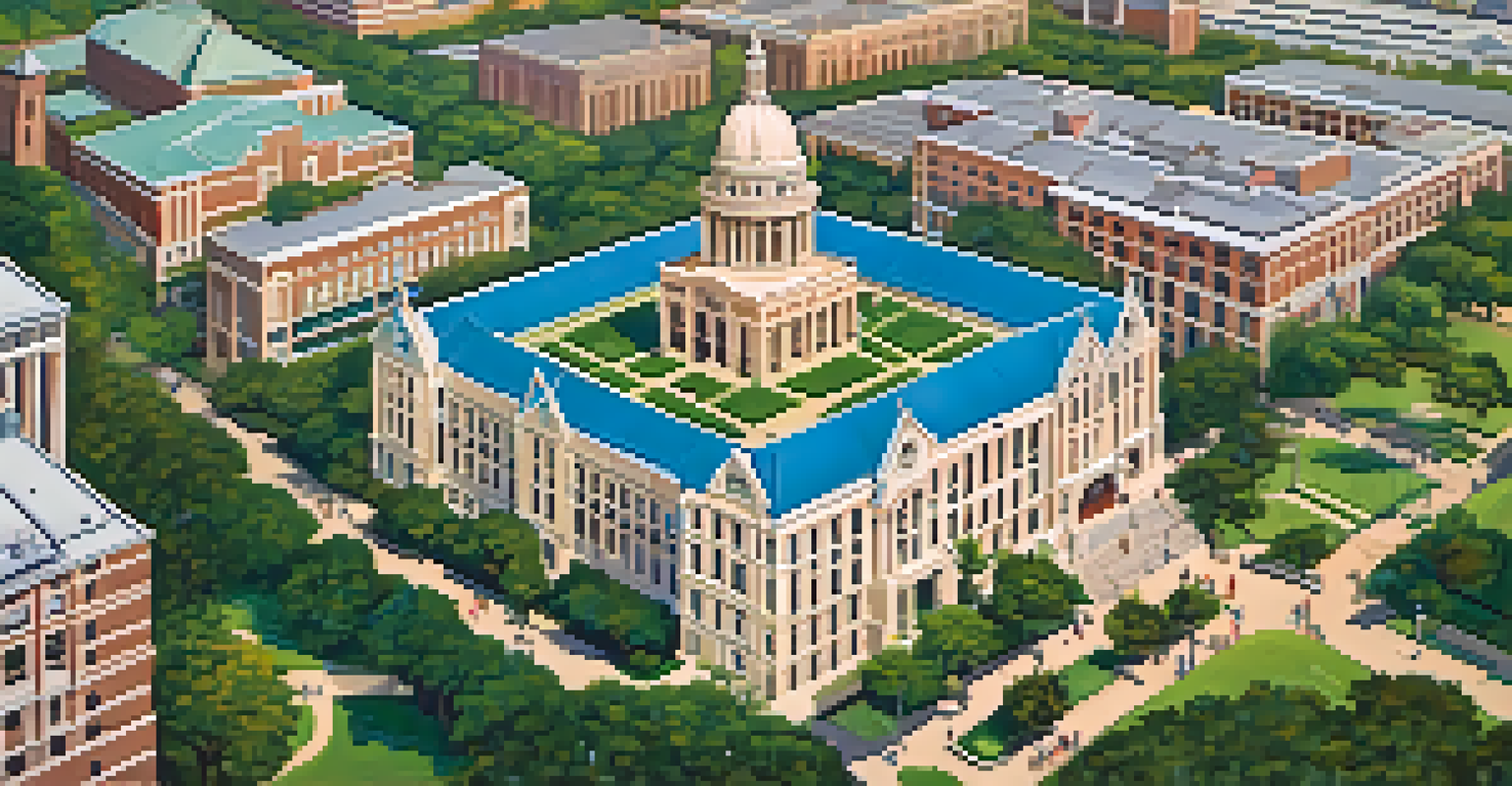Aerial view of the University of Texas at Austin campus with students walking among green spaces and iconic buildings under a blue sky.
