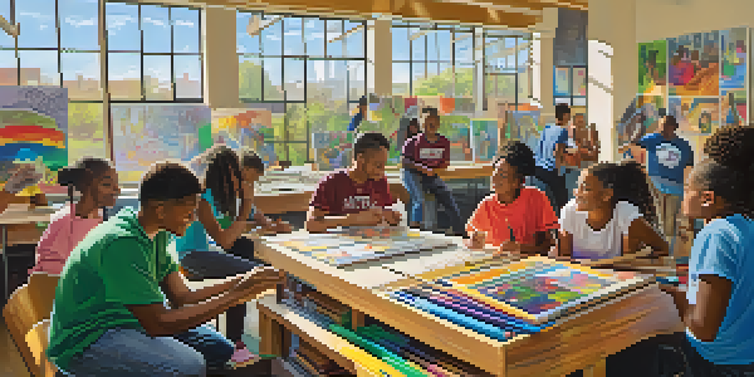 A lively community center in Austin where diverse youth are actively participating in empowerment activities, surrounded by art supplies and motivational posters.