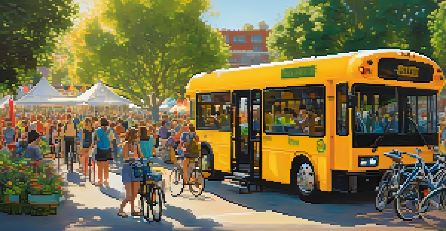 A bike parking area at an outdoor festival, showcasing colorful bicycles and a shuttle bus, with festival-goers enjoying the event.