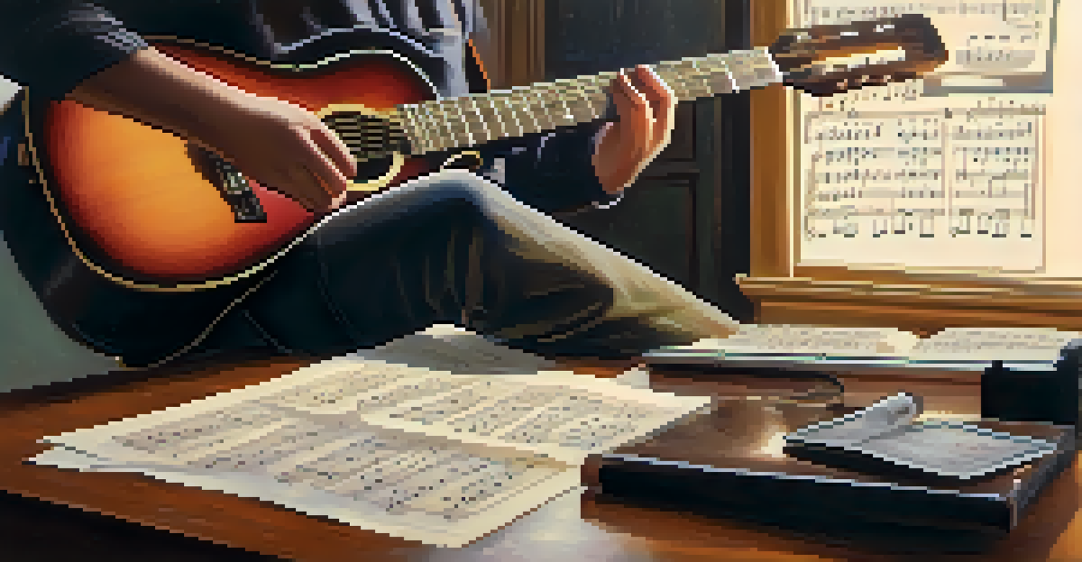 Close-up of hands playing a guitar next to sheet music and a laptop, in a cozy room with warm lighting.