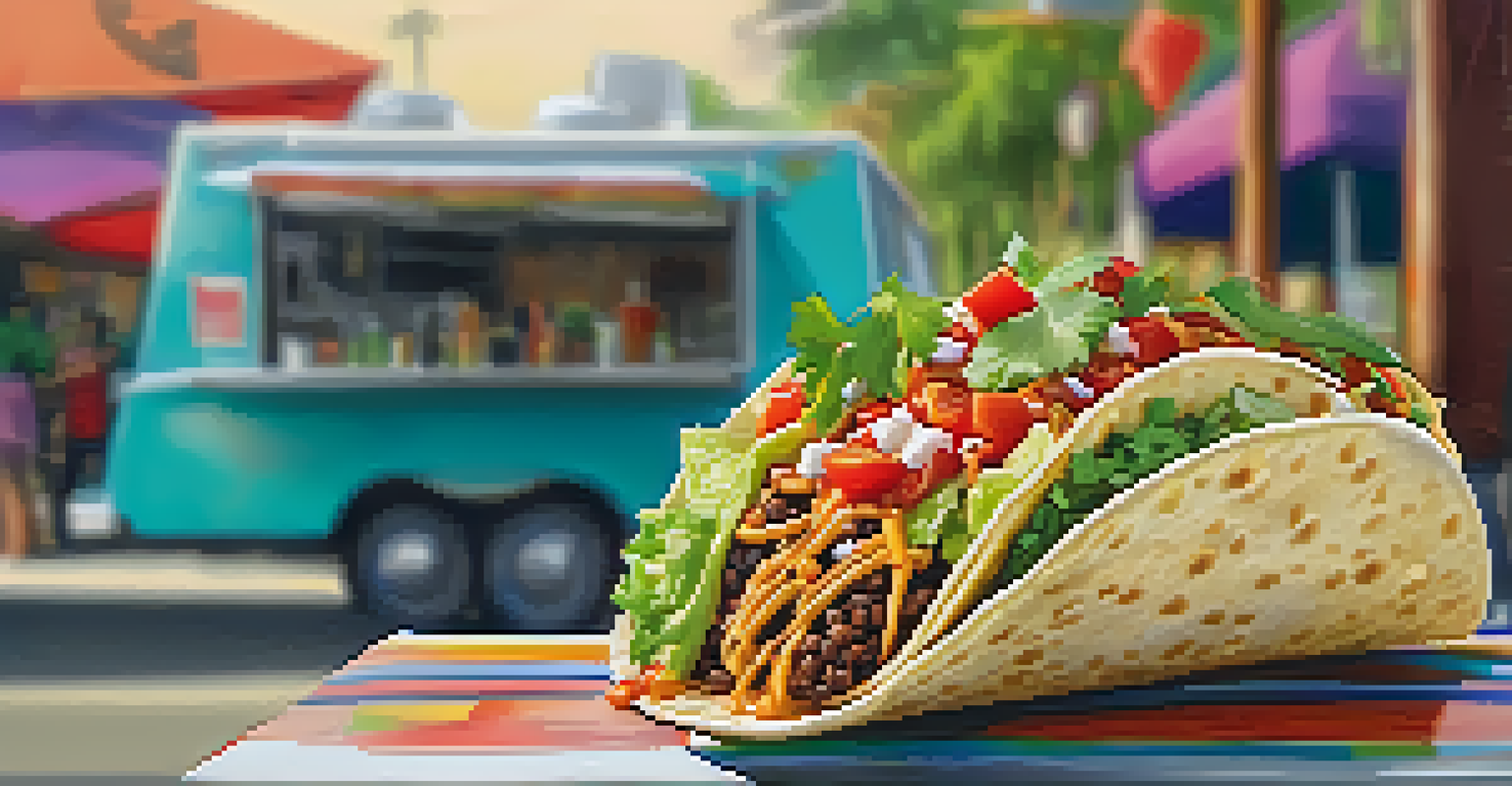 A close-up of a delicious taco filled with fresh ingredients served from a food truck.