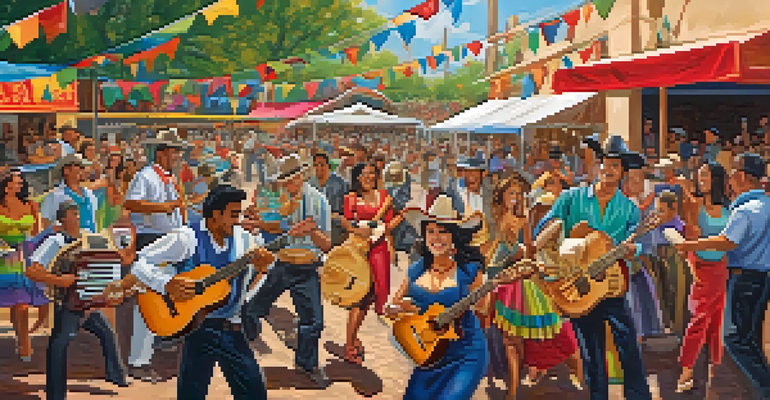A festive performance at the Tejano Conjunto Festival with musicians and a dancing crowd.