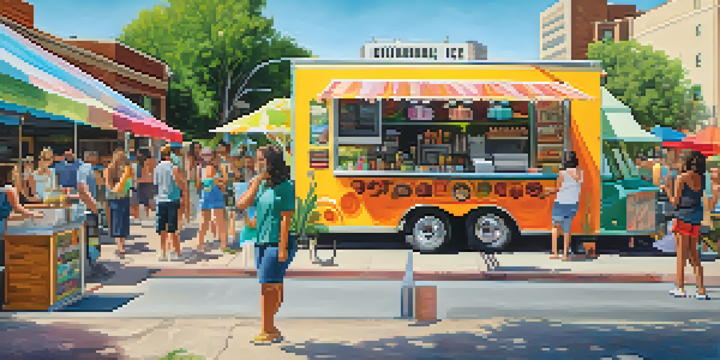 A lively street scene with colorful food trucks serving delicious food, people dining outdoors, and artistic murals in the background.