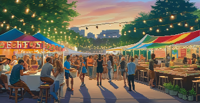 A lively food festival in Austin with diverse food stalls and people enjoying gourmet food under string lights.