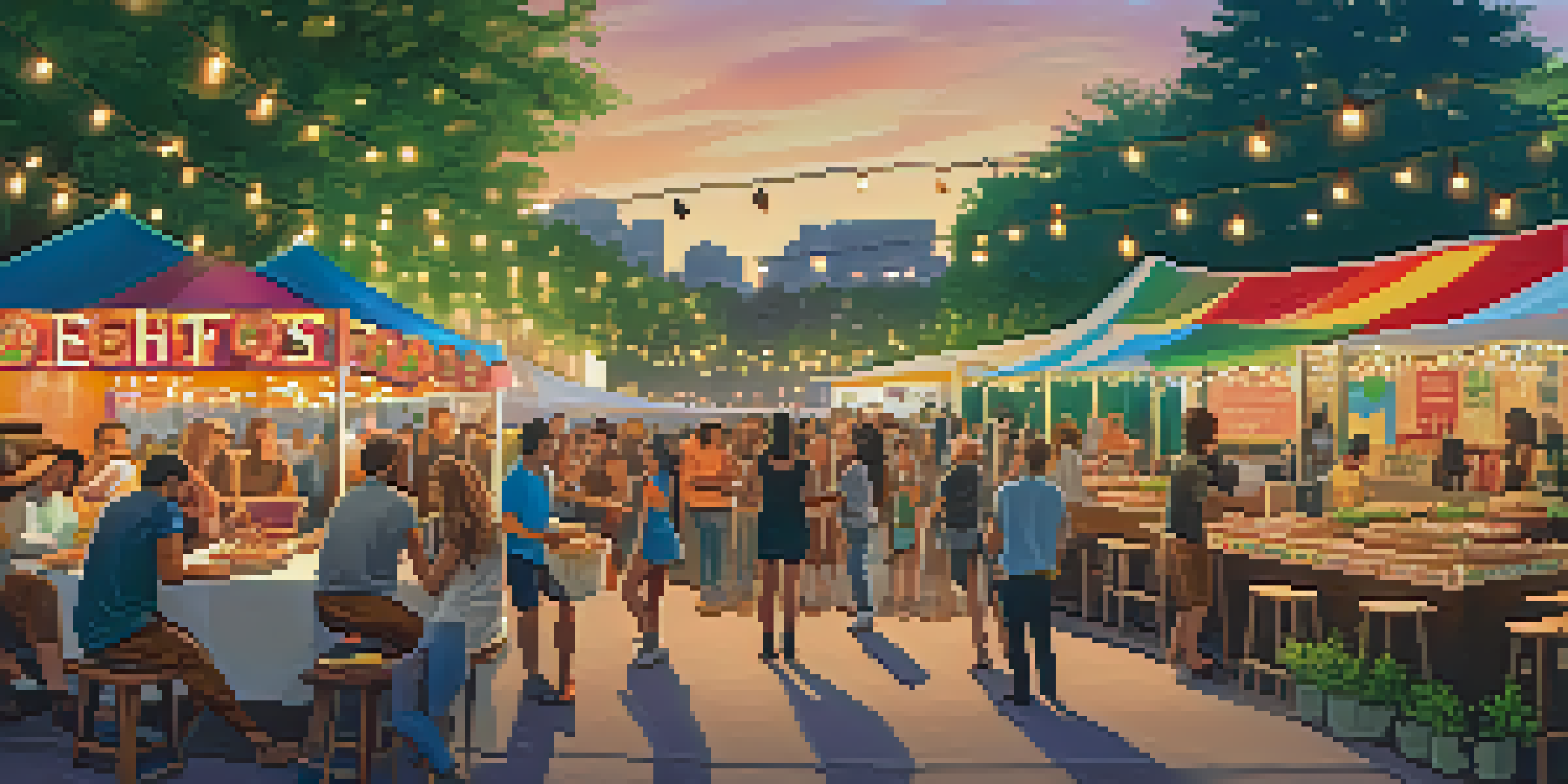 A lively food festival in Austin with diverse food stalls and people enjoying gourmet food under string lights.