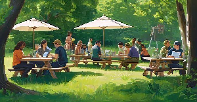 Participants in a wildlife identification workshop studying plants and animals in a green park.